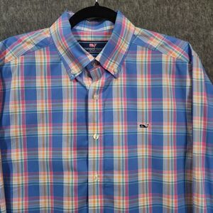 Vineyard Vines Men's M Slim Fit Whale Dress Shirt Pink Blue Plaid Long Sleeve